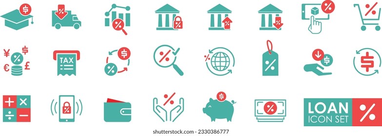 Juego de iconos de préstamo. Contiene iconos como Calculadora de tarifas, Depósito y más. los íconos de ganar dinero e ingresos. Colección de iconos sólidos.