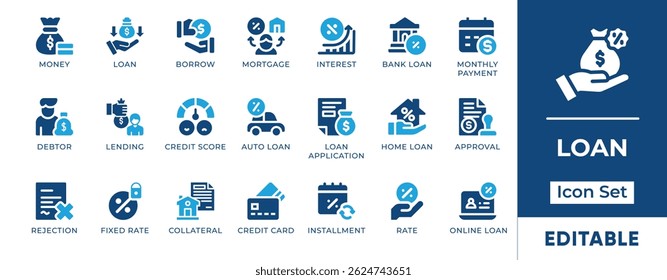 Conjunto de ícones de empréstimo. Apresenta ícones editáveis de hipoteca, pontuação de crédito, empréstimo, taxa de juros, empréstimo, EMI e finanças. Ideal para projetos bancários e fintech.