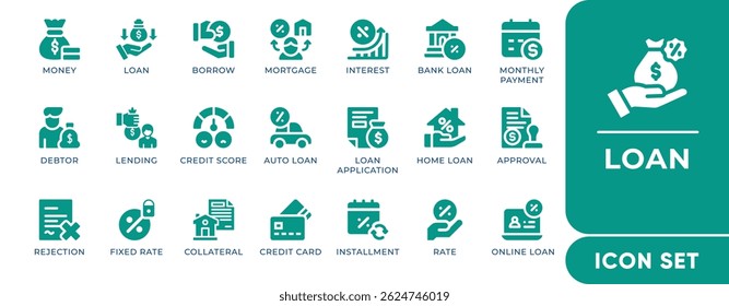 Conjunto de ícones de empréstimo com ícones vetoriais editáveis para hipoteca, pontuação de crédito, juros, parcelas, credores e ferramentas financeiras. Perfeito para fintech e uso bancário.