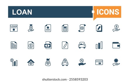 Loan icon set. Includes icons for bank, fund, house, car, increase, money, discount, percentage. Collection for mobile and web apps. Solid line editable vector illustration.