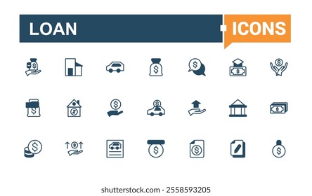 Loan icon set. Includes icons for bank, fund, house, car, increase, money, discount, percentage. Collection for mobile and web apps. Solid line editable vector illustration.