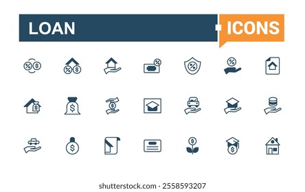 Loan icon set. Includes icons for bank, fund, house, car, increase, money, discount, percentage. Collection for mobile and web apps. Solid line editable vector illustration.