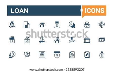 Loan icon set. Includes icons for bank, fund, house, car, increase, money, discount, percentage. Collection for mobile and web apps. Solid line editable vector illustration.