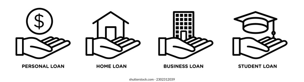 Loan icon set. includes personal, home, business, and student loans.