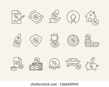 Loan icon set. Line icons collection on white background. Money, coin, percent. Credit concept. Can be used for topics like investment, deal, finances