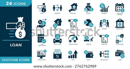 Loan icon set. Loan processing, borrowing activity, mortgage financing, fund allocation, interest percentage, monthly installment, lending operation, home credit, approval document, fixed interest rate, credit service, bank, application process, credit evaluation, debtor status, rejected application, collateral system, digital, installment payment, rate growth, wallet usage, payment flow, credit system. Duotone vector icons collection.