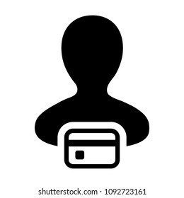 Loan icon vector male user person profile avatar symbol with credit card for banking and finance concept in flat color glyph pictogram illustration