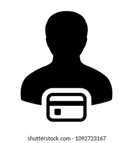 Loan icon vector male user person profile avatar symbol with credit card for banking and finance concept 
in flat color glyph pictogram illustration