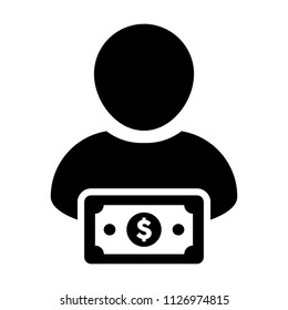 Loan icon vector male user person profile avatar with dollar sign currency money symbol for banking and finance business in flat color glyph pictogram illustration
