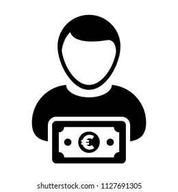 Loan icon vector male user person profile avatar with Euro sign currency money symbol for banking and finance business in flat color glyph pictogram illustration