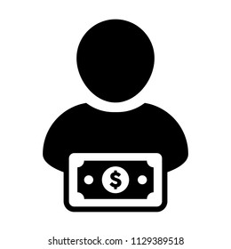 Loan icon vector male user person profile avatar with dollar sign currency money symbol for banking and finance business in flat color glyph pictogram illustration