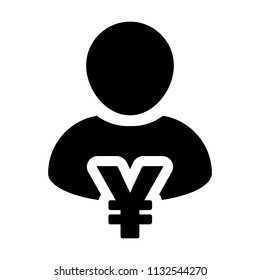Loan icon vector male user person profile avatar with Yen sign currency money symbol for banking and finance business in flat color glyph pictogram illustration