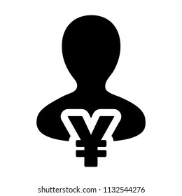 Loan icon vector male user person profile avatar with Yen sign currency money symbol for banking and finance business in flat color glyph pictogram illustration