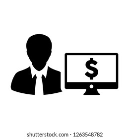 Loan icon vector male user person profile avatar with computer monitor and dollar sign currency money symbol for banking and finance business in flat color glyph pictogram illustration
