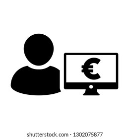 Loan icon vector male user person profile avatar with computer monitor and euro sign currency money symbol for banking and finance business in flat color glyph pictogram illustration