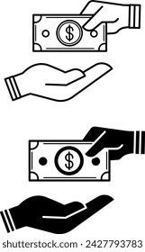 Iconos de préstamo. Iconos vectoriales en blanco y negro. Mano humana dando billetes de dólar a otra mano. Crédito Instantáneo, Pago Puntual. Concepto De Negocios Y Finanzas