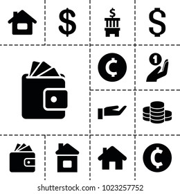 Loan icons. set of 13 editable filled loan icons such as coin, wallet, home, coin