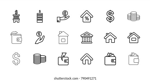 Loan icons. set of 18 editable outline loan icons: coin, wallet, home, coin on hand, hand on coin, bank