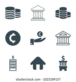 Loan icons. set of 9 editable filled and outline loan icons such as coin, coin, hand on coin, bank