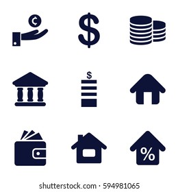 loan icons set. Set of 9 loan filled icons such as Coin, Wallet, bank, home, mortgage