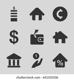 Loan icons set. set of 9 loan filled icons such as coin, wallet, bank, home, mortgage, coin