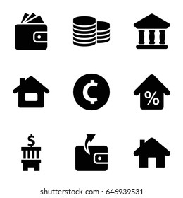 Loan icons set. set of 9 loan filled icons such as coin, wallet, bank, mortgage, home