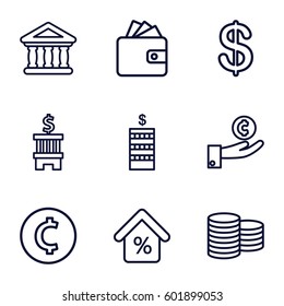 loan icons set. Set of 9 loan outline icons such as Coin, Wallet, bank, mortgage, coin