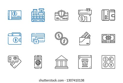 loan icons set. Collection of loan with coins, real estate, museum, money, debit card, wallet, credit card, mortgage, cash register. Editable and scalable loan icons.