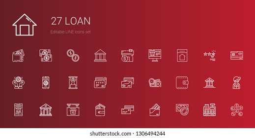 loan icons set. Collection of loan with money, wallet, credit card, real estate, museum, time is money, coin, home, mortgage, coins, cash register. Editable and scalable loan icons.