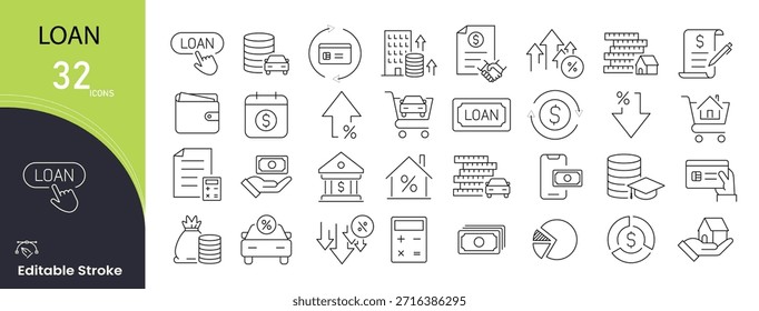 Loan icons set. Includes icons for borrowing, lending, credit, debt, interest, repayment, finance approval, and management. Perfect for banking, finance apps, and economic visuals. Editable stroke.