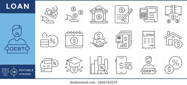 Conjunto de iconos de préstamo. Préstamo, préstamo, dinero, institución, Acuerdo de préstamo, personal, pago, hipoteca, auto, deuda y muchos más. Vector de trazo editable.