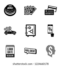 Loan icons set. Simple set of 9 loan vector icons for web isolated on white background