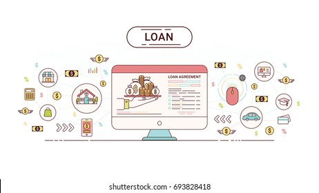 Concepto de diseño gráfico de Loan Info. Contrato de préstamo entre acreedor y deudor.Ilustración vectorial.