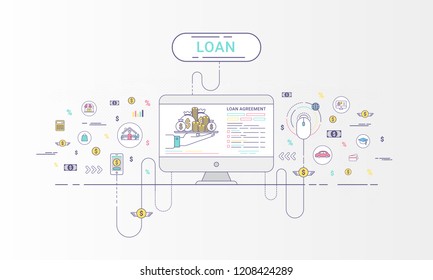 Loan Infographics. Loan agreement between the lender and the borrower. Flat line icons design contains loan offer, finance, money, bank, creditor, and debtor. Vector illustration.