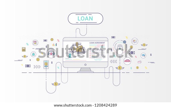 Loan\
Infographics. Loan agreement between the lender and the borrower.\
Flat line icons design contains loan offer, finance, money, bank,\
creditor, and debtor. Vector\
illustration.