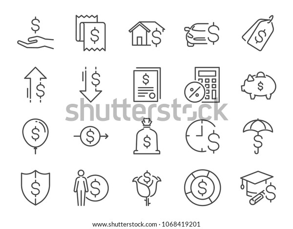 Loan and interest icon\
set. Included the icons as fees, personal income, house mortgage\
loan, car leasing, flat rate interest, installment, expense,\
financial ratio and more