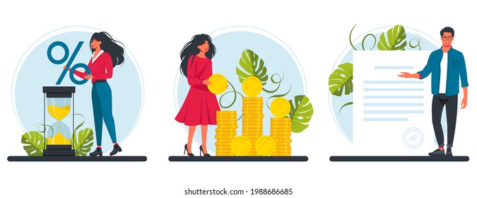 Loan with Interest Rate, Banking Service. people with a huge percent sign, hourglass, a bunch of coins, sign a document. People Characters Visiting Bank or Micro Credit Finance Organization Concept.