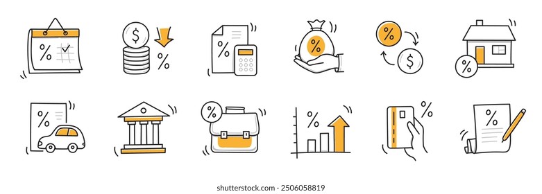 Conjunto de iconos de doodle de tasa de interés de préstamo. Dibujado a mano boceto doodle línea estilo banco dinero préstamo icono de tasa de interés para la casa, concepto de porcentaje de descuento de coche. Elemento lindo de moda. Ilustración vectorial