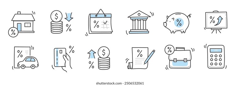 Loan interest rate doodle icon set. Hand drawn sketch doodle line style bank money loan interest rate icon for house, car discount percentage concept. Trendy cute element. Vector illustration