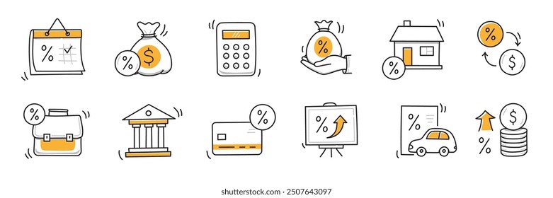 Loan interest rate doodle icon set. Hand drawn sketch doodle line style bank money loan interest rate icon for house, car discount percentage concept. Trendy cute element. Vector illustration