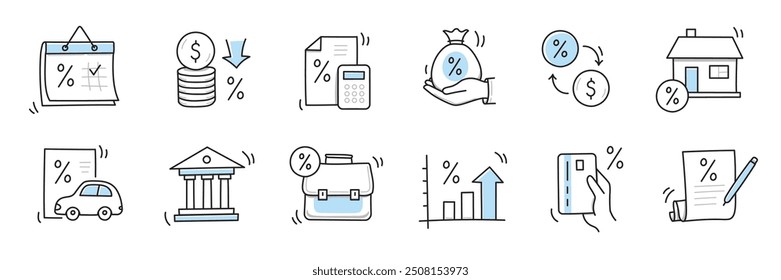 Loan interest rate doodle icon set. Hand drawn sketch doodle line style bank money loan interest rate icon for house, car discount percentage concept. Trendy cute element. Vector illustration