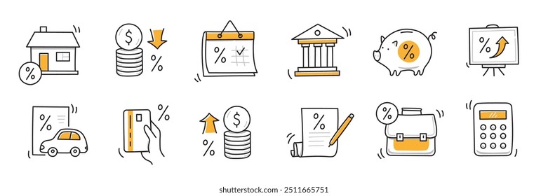 Loan interest rate doodle icon set. Hand drawn sketch doodle line style bank money loan interest rate icon for house, car discount percentage concept. Trendy cute element. Vector illustration