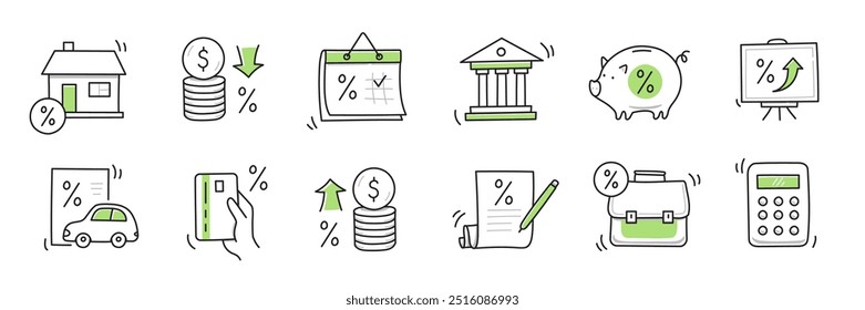 Conjunto de ícones de rabisco de taxa de juros de empréstimo. Desenho desenhado à mão doodle estilo linha dinheiro bancário empréstimo ícone de taxa de juro para casa, carro desconto percentual conceito. Elemento bonito da moda. Ilustração vetorial