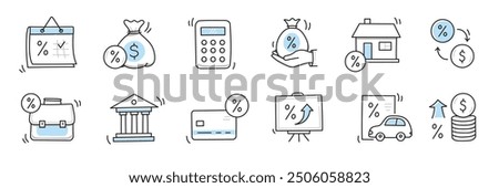 Loan interest rate doodle icon set. Hand drawn sketch doodle line style bank money loan interest rate icon for house, car discount percentage concept. Trendy cute element. Vector illustration