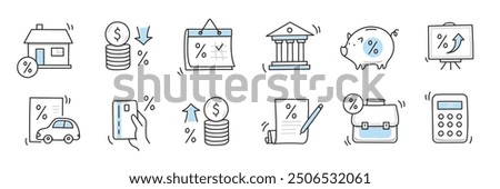 Loan interest rate doodle icon set. Hand drawn sketch doodle line style bank money loan interest rate icon for house, car discount percentage concept. Trendy cute element. Vector illustration
