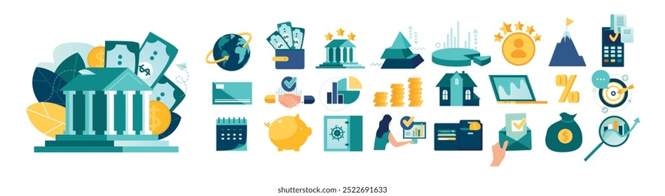 Loan interest rate set business. bank building money team work concept loan interest rate icon mega set, reduced interest rate for car home process symbol business activity people vector illustration