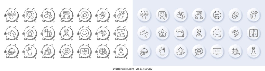 Loan, Inventory cart and Horns hand line icons. White pin 3d buttons, chat bubbles icons. Pack of Cloud computing, Refresh like, Lock icon. Vector