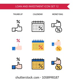Loan and Investment Icon Set.Thumb up,Calendar,Money bag.