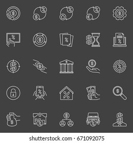 Loan and leasing icons - vector set of financial outline minimal signs on dark background
