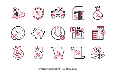 Loan line icons. Investment, Interest rate and Percentage diagram. Car leasing linear icon set. Linear set. Quality line set. Vector